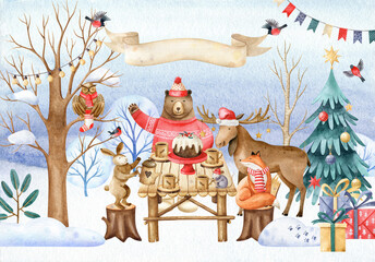 Forest animals at the holiday table. Christmas rectangular  pre-made greeting card. Watercolor hand drawn illustration in childish cartoon style. Horizontal orientation.