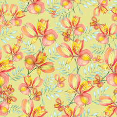watercolor illustration seamless pattern bright red-yellow Alstroemeria flower with leaves on a dark background,for wallpaper or fabric or furniture