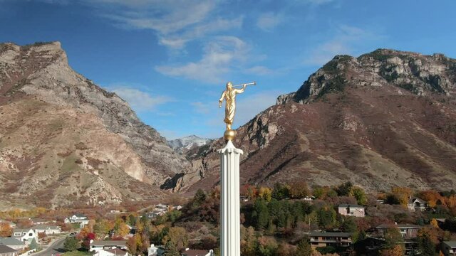 Aerial Orbit of the Provo LDS Mormon Temple Tower Spire with Angel Moroni
