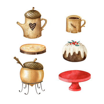 Fairy wooden crockery watercolor set with teapot, cup, acorn casserole and Christmas cake. Hand drawn clipart in childish cartoon style.