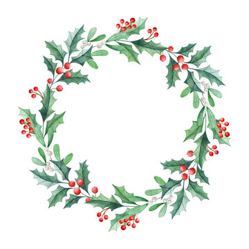 Watercolor Christmas wreath with holly and mistletoe isolated on white background. Hand drawn round frame for greeting cards and invitations. Holiday clipart.