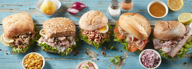 Delicious sandwiches with various types of seafood
