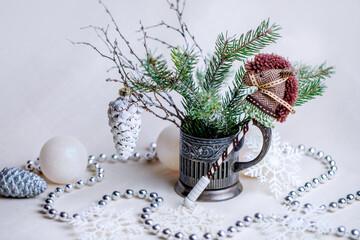 Hand-made Christmas toy horse in topical winter shades. Christmas composition for the interior....