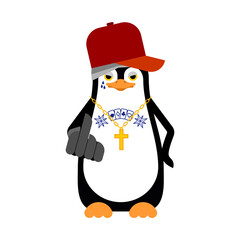 Penguin Gangsta mafia isolated. Angry seabird bully member of gang of street criminals. Tattoos and weapons, gold chain and gun