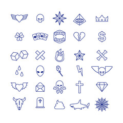 Tattoo sign set. Tattoo icons. Heart and dice. Spider web and skull. Jogila and the diamond. Dollar and Star