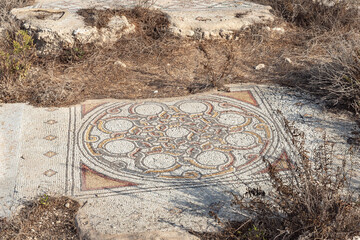 Remains  of an ancient mosaic of a 6th-century Orthodox church at Tel Shikmona, on the shores of...