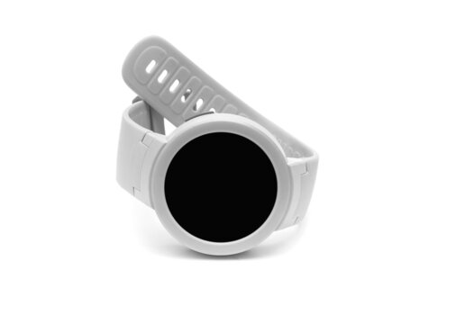 Round electronic wrist watch with a plastic gray strap on a white background. Isolated