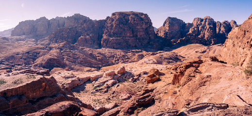 Panorama image of Petra, Jordan, and the Nabataean cave homes hidden in the rocks