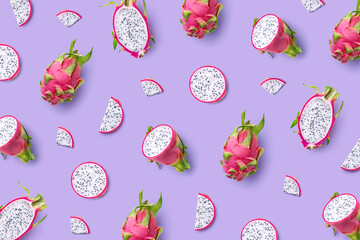 Pattern of fresh whole and sliced dragon fruit or pitahaya (pitaya)