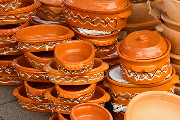 Handmade clay pots on the market stall of Novi Sad, Serbia