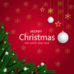 Creative Merry Christmas wreath with stars golden and whiter balls background design template