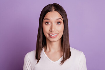 Fototapeta premium Photo of young attractive cheerful girl happy positive toothy smile isolated over violet color background