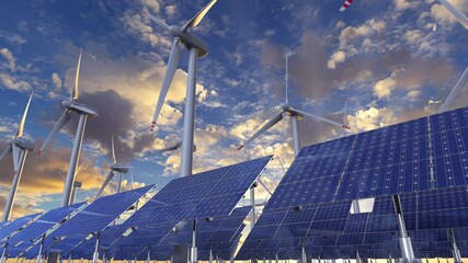 Solar and windmill farm produces renewable energy at the morning sun. Alternative energy saving industry with solar panel cells and wind turbine generators on the electricity power farm, 3d animation.
