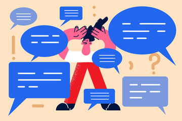 Anxious man distressed with notifications on internet 