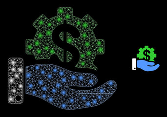 Glossy polygonal mesh web financial service offer icon with glare effect on a black background. Constellation financial service offer iconic vector with glowing points in stardust colors.