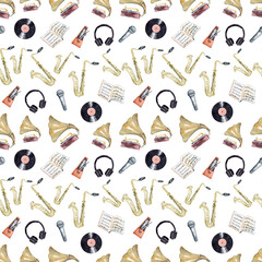 Watercolor seamless pattern with retro musical instruments