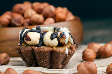 chocolate cake with nougat and roasted hazelnuts