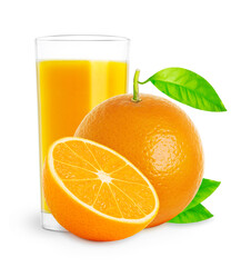 Glass of fresh orange juice, half of an orange and orange tree leaves isolated on white background with clipping path
