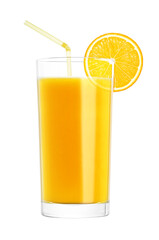 Glass of fresh orange juice with straw and orange slice on white background with clipping path