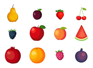 Set of fruits on white background. Variety vector fruits in flat style.