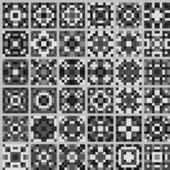 Monochrome patchwork pixel art seamless pattern. Square ornaments print. Gray tile background. 8 bit wrapping paper, textile, interior fabric design. Many different geometric decorative elements.