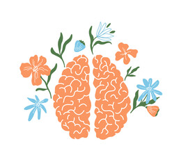 Blooming brain vector art. Wellness mind, mental health, positive think, wellbeing. Human brain in flowers. Self care, psychology, therapy. Psychologist help, growth. Anatomy abstract illustration