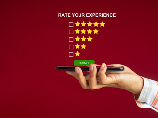 Customer experience, feedback, service evaluation, and satisfaction concept. People use a mobile phone to give feedback via the internet. Positive review. Client satisfaction surveys