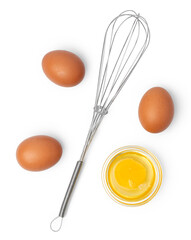 Fresh eggs with whisk isolated on white background