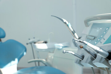 Set of professional equipment in dentist's office, space for text