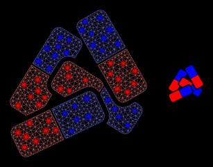 Glossy polygonal mesh net medical pills icon with glitter effect on a black background. Constellation medical pills iconic vector with glitter points in bright colors.