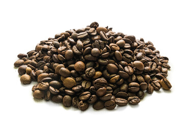 Handful of roasted coffee beans on white background