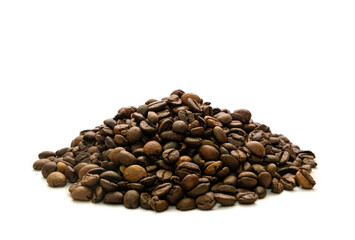 Handful of roasted coffee beans on white background