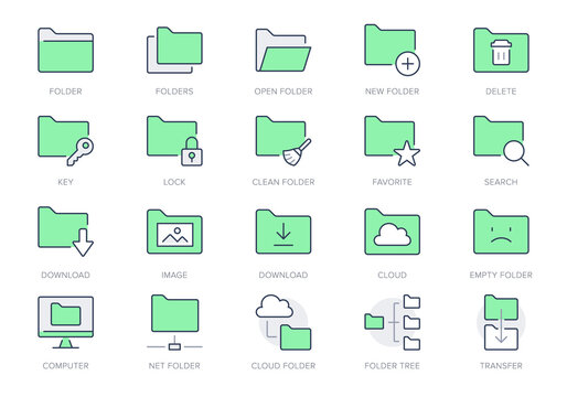 Folder line icons. Vector illustration include icon - file, copy, erase, download, network, lock, document, browse outline pictogram for computer catalog. Green color, Editable Stroke