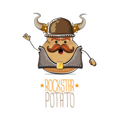 vector rock star potato funny cartoon cute character with viking helmet, leather jacket, sunglasses and moustache isolated on white background. rock n roll hipster vegetable funky character