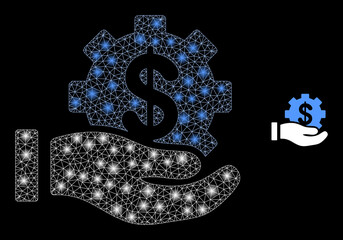 Glossy polygonal mesh web financial service offer hand icon with glare effect on a black background. Wire frame financial service offer hand iconic vector with glitter dots in bright colors.