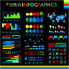 Colorful infographics set on black background and icons set.