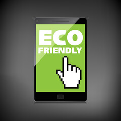 Eco friendly word on High-quality smartphone screen. Think Green. Ecology Concept. Environmentally friendly planet.