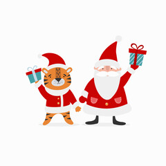 Cute tiger and Santa Claus with New Year's gifts. Cute New Year characters, cards, decor, congratulations. The symbol of the new year according to the eastern calendar.