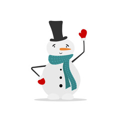 Winter holidays snowman. Cheerful snowman in scarf and hat waving hand. Cute Character for Christmas and New Year.