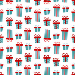 Christmas seamless pattern with Christmas gifts on a white background. Vector illustration.