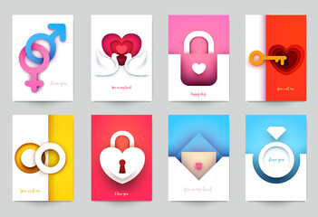 Collection templates cover for wedding. Set abstract art composition in modern geometric papercut style. Minialistic concept design for banner, flyer, invitation, greeting card. Vector illustration.