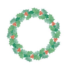 Holly wreath with berries watercolor clipart. Christmas sublimation design.