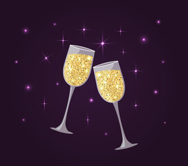 Two shiny glasses of champagne clink. Glitter design. Sparkling wine isolated. Romantic date or Valentines Day celebration. Vector illustration