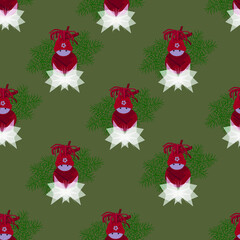 Christmas seamless pattern with a funny snowman  transparent bows and coniferous branches on a gold background. Vector illustration with Christmas attributes for wrapping paper greeting card template 