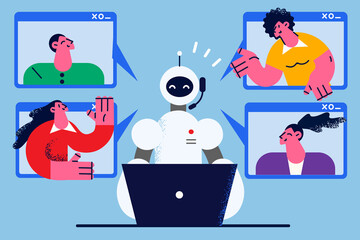 Robot assistant talk on webcam call with people 