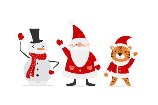 Collection of Christmas and new year characters for you design. Snowman, Santa claus and tiger on white background.