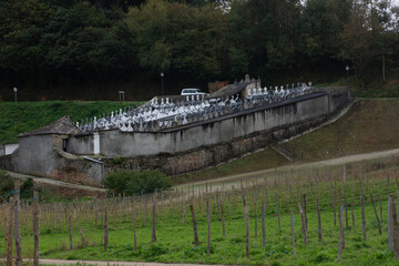 Small catholic graveyard panoramic view. Cemetery in Galicia, Spain. High quality photo