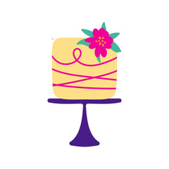Wedding cake vector illustration with chocolate frosting and floral decoration. Retro vintage wedding or birthday cake for invitations, greeting cards and other.