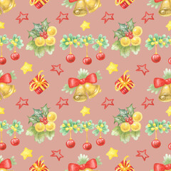 Seamless watercolor christmas decoration pattern isolated on red background .Good for package design ,wrapping paper and more.
