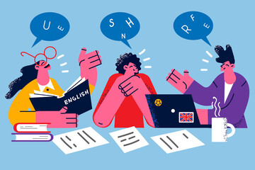 Obraz premium Happy diverse people study together using laptop 